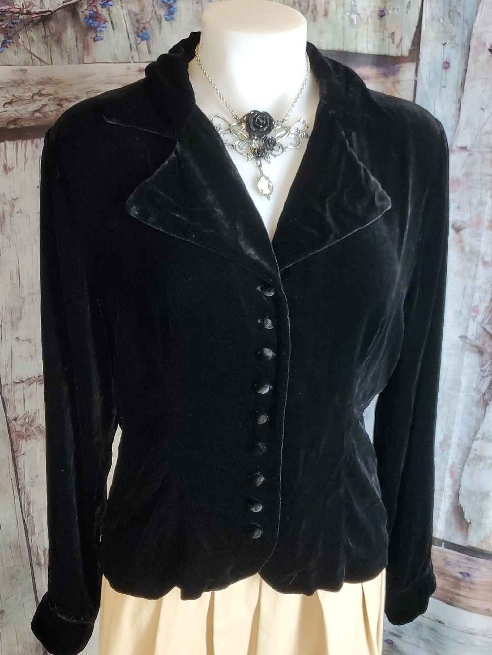 J Peterman 14 Black Velvet Button-Front Jacket Blouse un-lined shrug